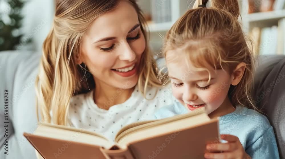Happy mother reading a book with her daughter at home Happy mother reading a book with her daughter at home