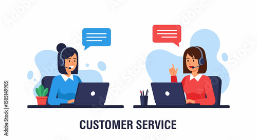 Adobe illustrator artwork of two friendly customer service agents at their laptops with headsets and chat bubbles, representing efficient and approachable online support and communication