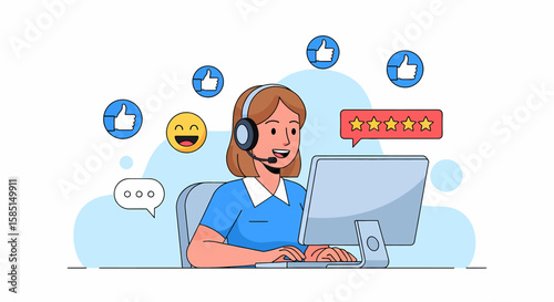 Adobe illustrator artwork of a positive customer support agent with a headset, working on a computer, and surrounded by positive feedback icons including thumbs-up, happy emojis, and five-star ratings