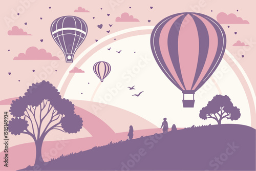 Vibrant hot air balloon floating over a lush valley at sunrise, with colorful skies and rolling hills. Ideal for travel, adventure, and nature designs.