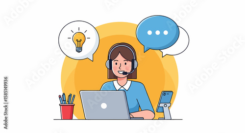 Adobe illustrator artwork of a friendly customer support agent with a headset and laptop, featuring a lightbulb for ideas and chat bubbles, representing efficient solutions and communication