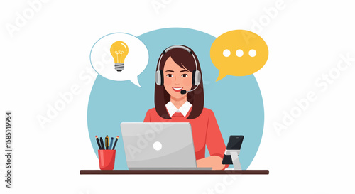 Adobe illustrator artwork of a friendly customer support agent with a headset and laptop, featuring a lightbulb for ideas and chat bubbles, representing efficient solutions and communication