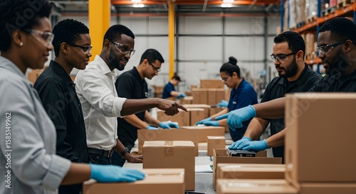 Diverse Team of Workers Collaborating on Packaging Boxes in a Modern Warehouse Environment