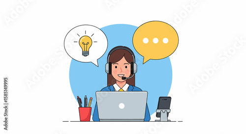 Adobe illustrator artwork of a friendly customer support agent with a headset and laptop, featuring a lightbulb for ideas and chat bubbles, representing efficient solutions and communication