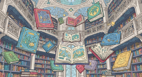 Whimsical Library with Floating Books, Detailed Illustrations and Architectural Grandeur