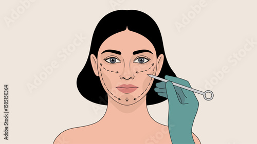 surgeon's hand marking a woman's face with dotted lines, vector illustration for plastic surgery, cosmetic transformation and aesthetic procedures