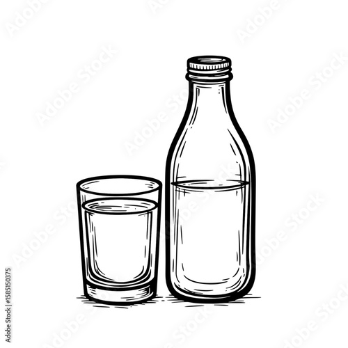 Bottle and glass of milk or mineral water, outline drawing, Vector illustration. Black and white sketch, isolated on white background.