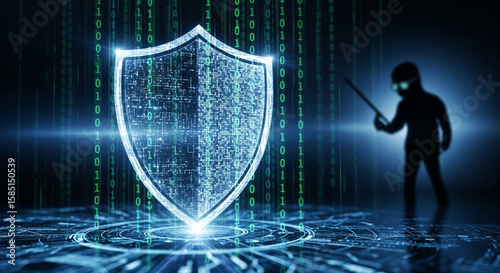 A digital shield protects against cyber attacks and data breaches