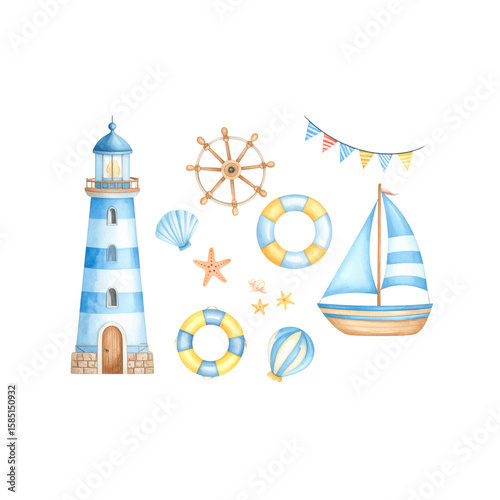 Cute cartoon watercolor of Hand drawn cartoon beautiful sea watercolor illustration on white background.