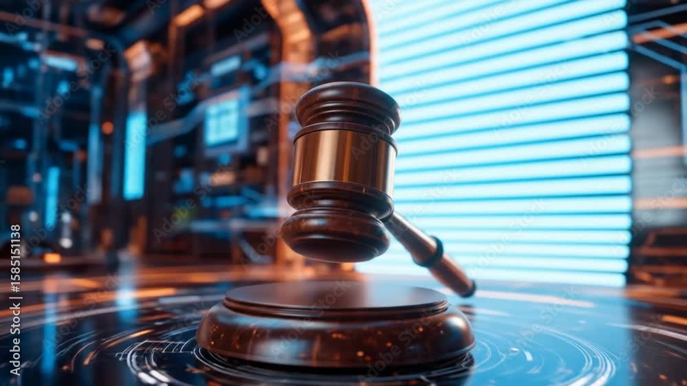 A judge's gavel hovers in a high-tech virtual space, symbolizing the enforcement of cybersecurity laws and regulations in an abstract technological environment. 4k video