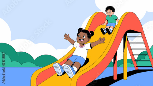 children playing on a playground slide vector illustration 