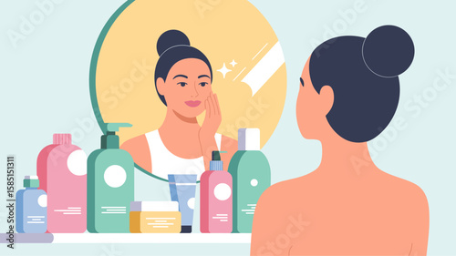 woman looking in mirror during her daily skincare routine, vector illustration for self care, beauty regimen and cosmetic facial treatment