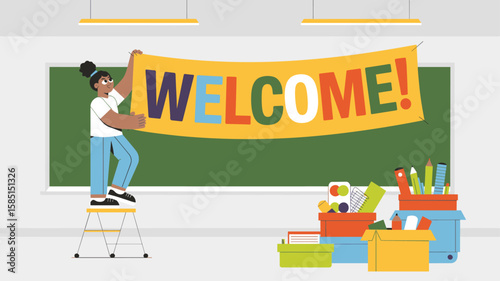teacher hanging a welcome banner in a classroom, vector illustration for setting up the classroom, back to school preparation and creating an educational environment