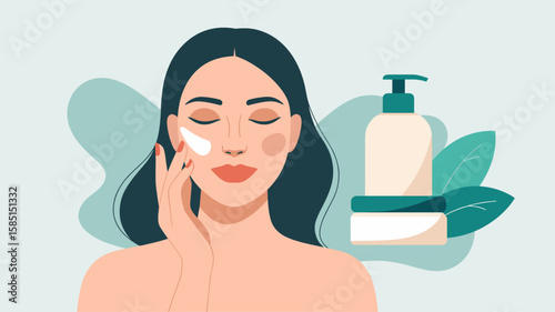 woman applying face cream, vector illustration for skincare routine, facial treatment and daily self care
