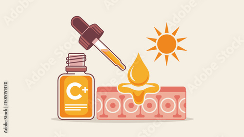 vitamin c serum in dropper applied to skin cross-section, vector illustration for skincare routine, antioxidant protection and cosmetic dermatology