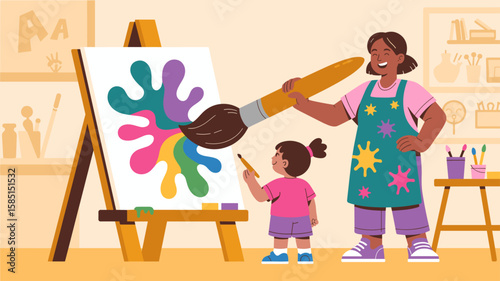art teacher and child painting on a canvas, vector illustration for creative arts education, childhood development and family bonding activity