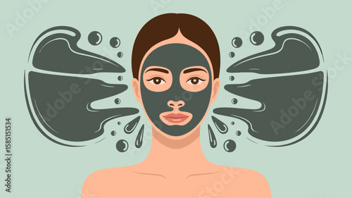 woman with a charcoal clay mask on her face, vector illustration for skin detoxification, cosmetic beauty treatment and spa procedure