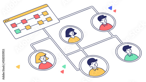 Illustration of a network diagram with a flowchart on a screen and people connected by lines and circles