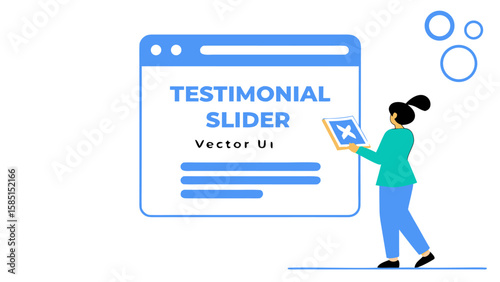 Illustration of a woman holding a square with an x next to a testimonial slider interface element ui