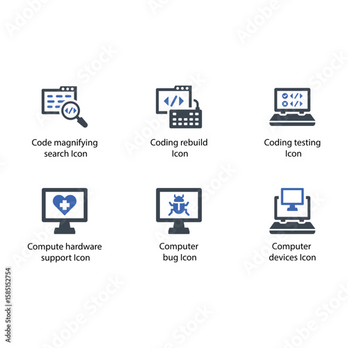 Code search, Code rebuilds, Code testing, Hardware support, Computer bug, Computer devices, icon
