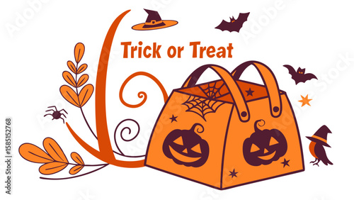 Illustration of a halloween trick or treat bag with pumpkin faces and bats with a witch hat design