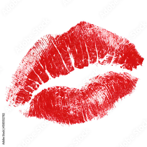 An artistic lipstick kiss mark with a red grunge texture on a transparent background evokes romance, beauty, and a bold statement.