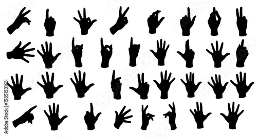 Black Silhouettes of Diverse Hand Gestures and Poses on White Background