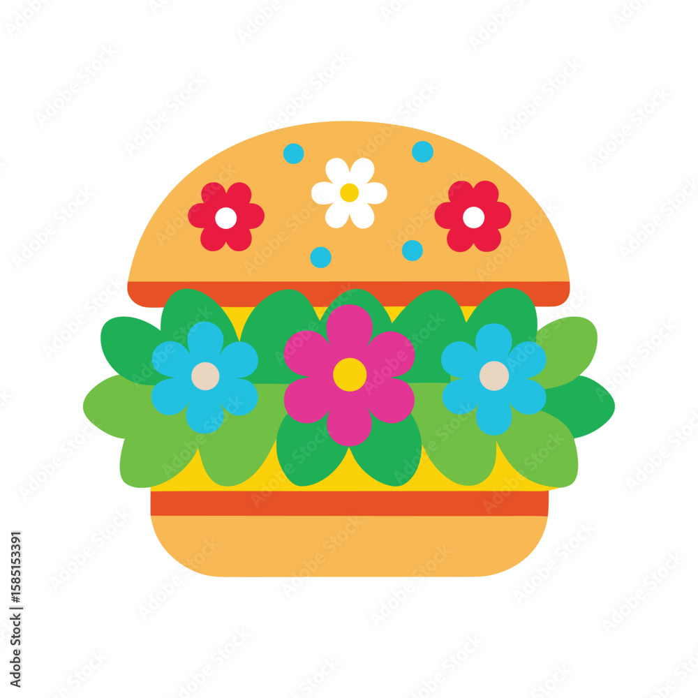 Fototapeta premium Floral Decorated Cartoon Burger Clip art Vector Illustration