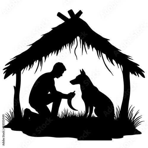 Silhouette of person skinning animal under hut – Wilderness skill, hunting