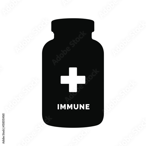 Silhouette of supplement bottle with plus icon, immune health focus