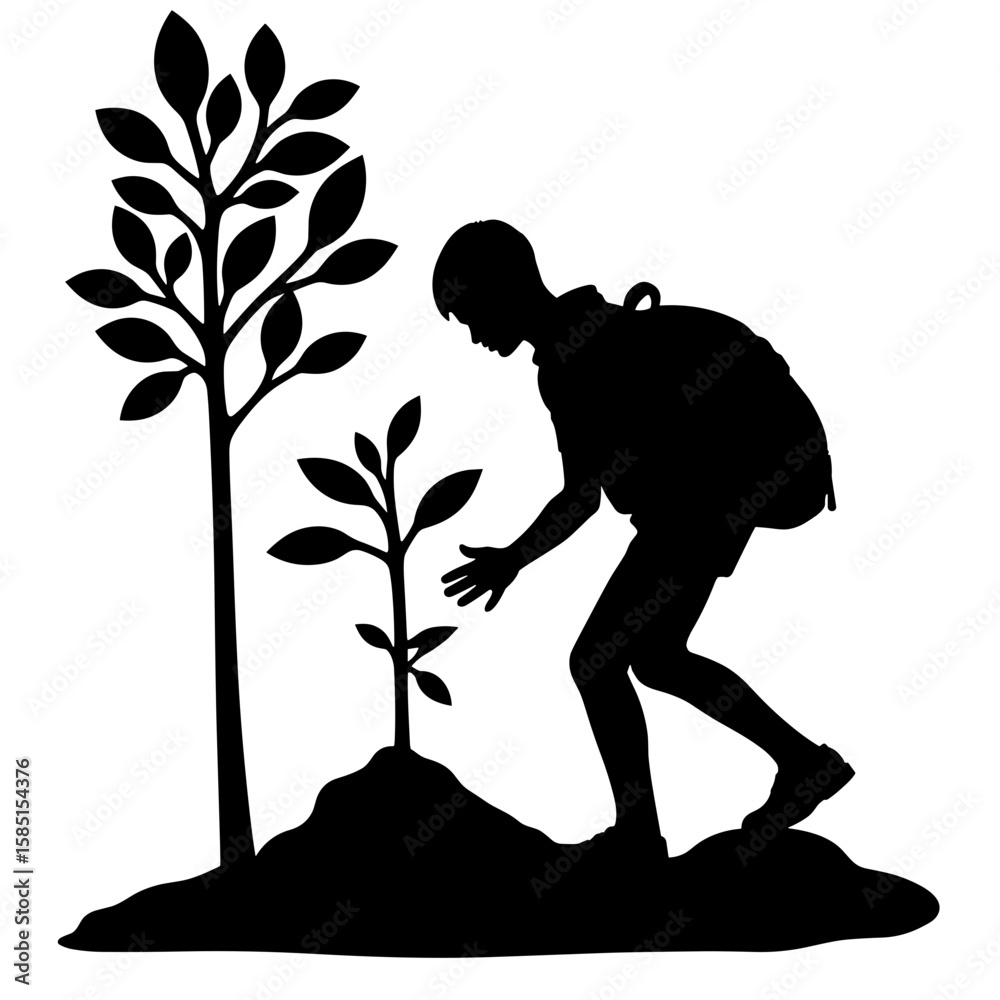 Silhouette of student planting tree with backpack – Sustainability action, education Silhouette of student planting tree with backpack – Sustainability action, education