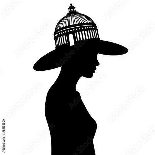 Silhouette of woman with architectural dome hat – spatial fashion design