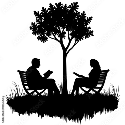 Silhouette of couple reading under tree – shared reading time, urban escape