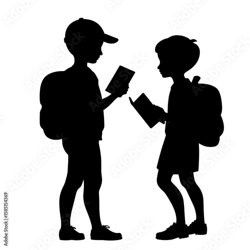 Silhouette of children reading travel literature – Adventure exploration theme, copy-space
