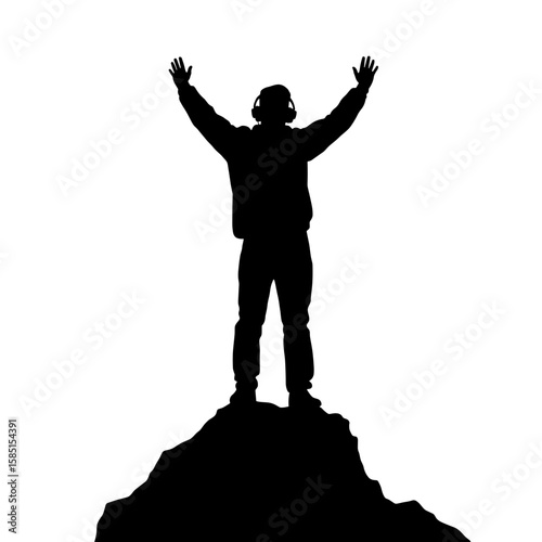 Climber listening to audiobook at summit, triumph moment