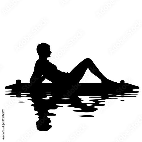 Silhouette of person relaxing on dock with water reflection, mental vacation