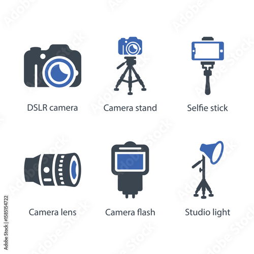 DSLR camera, Camera stand, Selfie stick, Camera lens, Camera flash, Studio light, icon