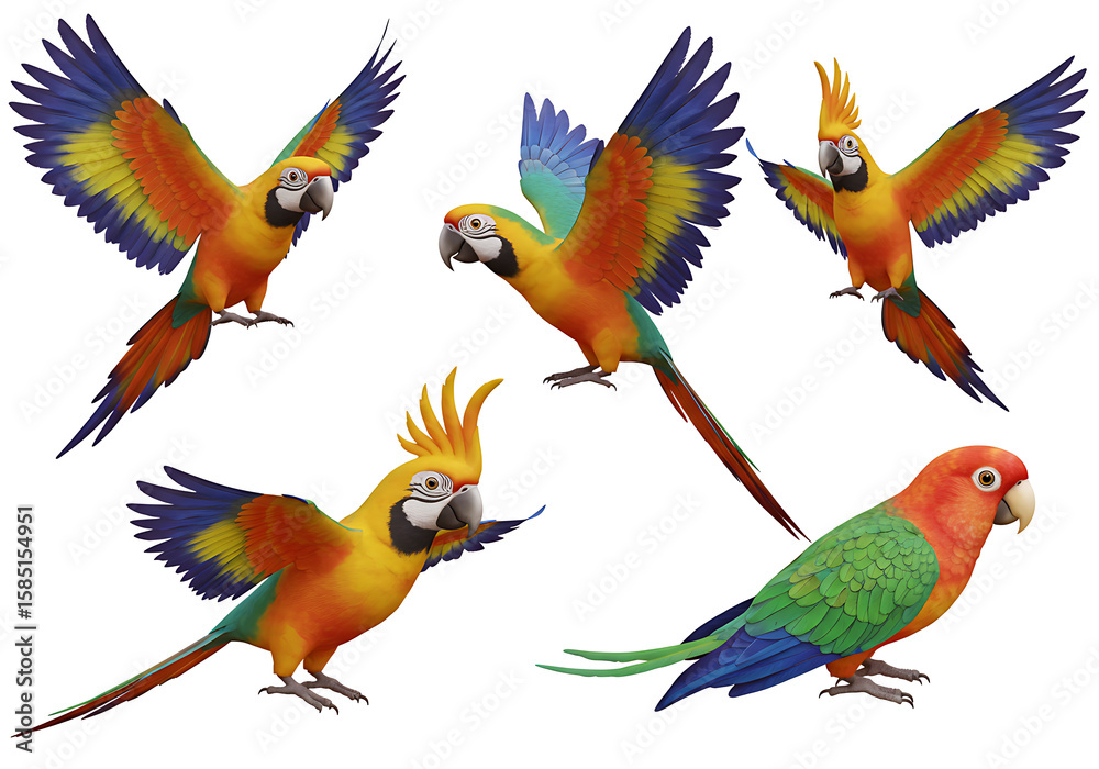 Obraz premium Vibrant Macaws and a Sun Parakeet: A Colorful Collection of Tropical Birds