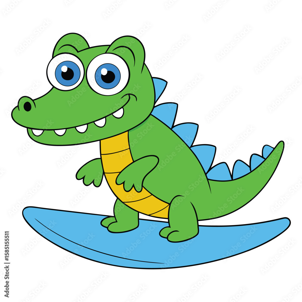 Naklejka premium Funny Cartoon Crocodile Surfing with Big Goofy Eyes Vector Illustration