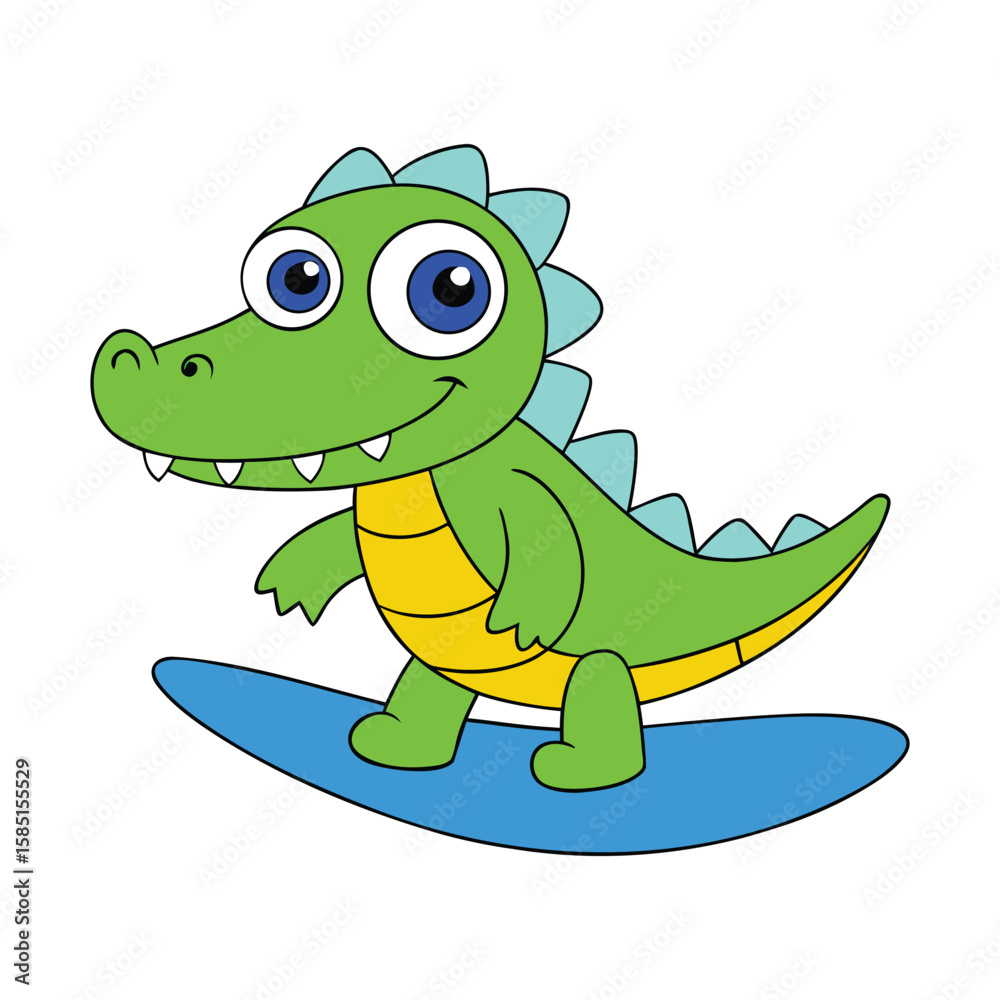 Fototapeta premium Funny Cartoon Crocodile Surfing with Big Goofy Eyes Vector Illustration