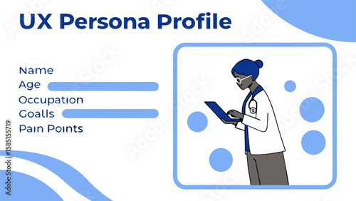 Ux persona profile featuring a doctor with a stethoscope and tablet surrounded by light blue elements