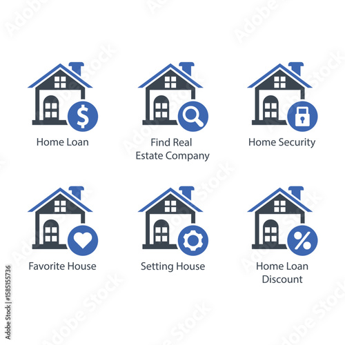 Home Loan, Find estate, Home Security, Favourite House, Setting House, Loan Discount, icon