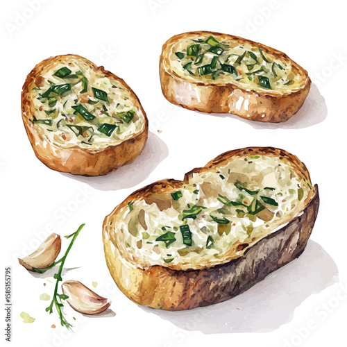 A hand-drawn illustration painting of a garlic bread in soft watercolor style, featuring delicate brush strokes, isolated on a white background, artistic, painted design, EPS format