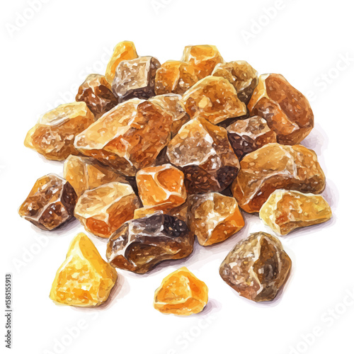A hand-drawn illustration painting of a myrrh resin in soft watercolor style, featuring delicate brush strokes, isolated on a white background, artistic, painted design, EPS format