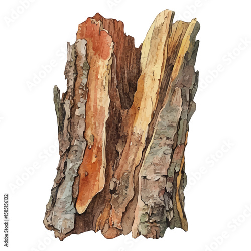 A hand-drawn illustration painting of a pygeum bark in soft watercolor style, featuring delicate brush strokes, isolated on a white background, artistic, painted design, EPS format