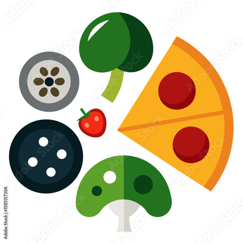 This delicious food graphic shows a pizza slice, broccoli, strawberry, mushroom and other healthy food items perfect for diverse designs.