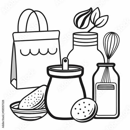 Charming line art arrangement featuring kitchenware, condiments and a shopping bag, creating a minimalistic, food-related graphic.