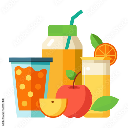 Fresh fruit juice collection showcasing orange, apple and blended drinks in glasses and a bottle with straw element.