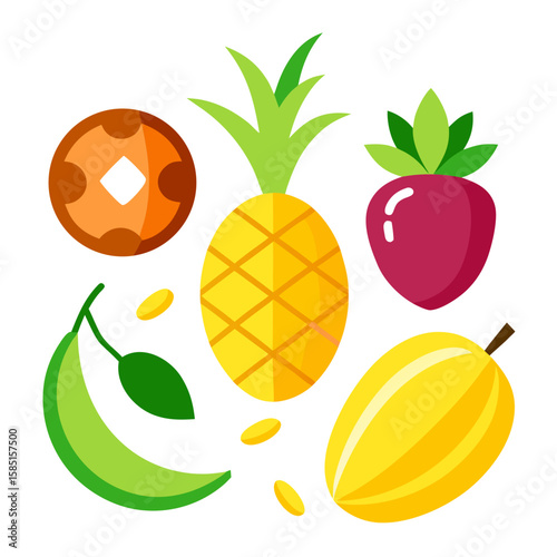 Fresh tropical fruits design including pineapple, banana, starfruit, tamarind and strawberry perfect for food graphics and summer themes.