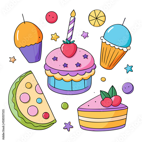 Delightful desserts and birthday treats in a cheerful, cartoonish style are ready to be used in fun and celebratory graphic designs.
